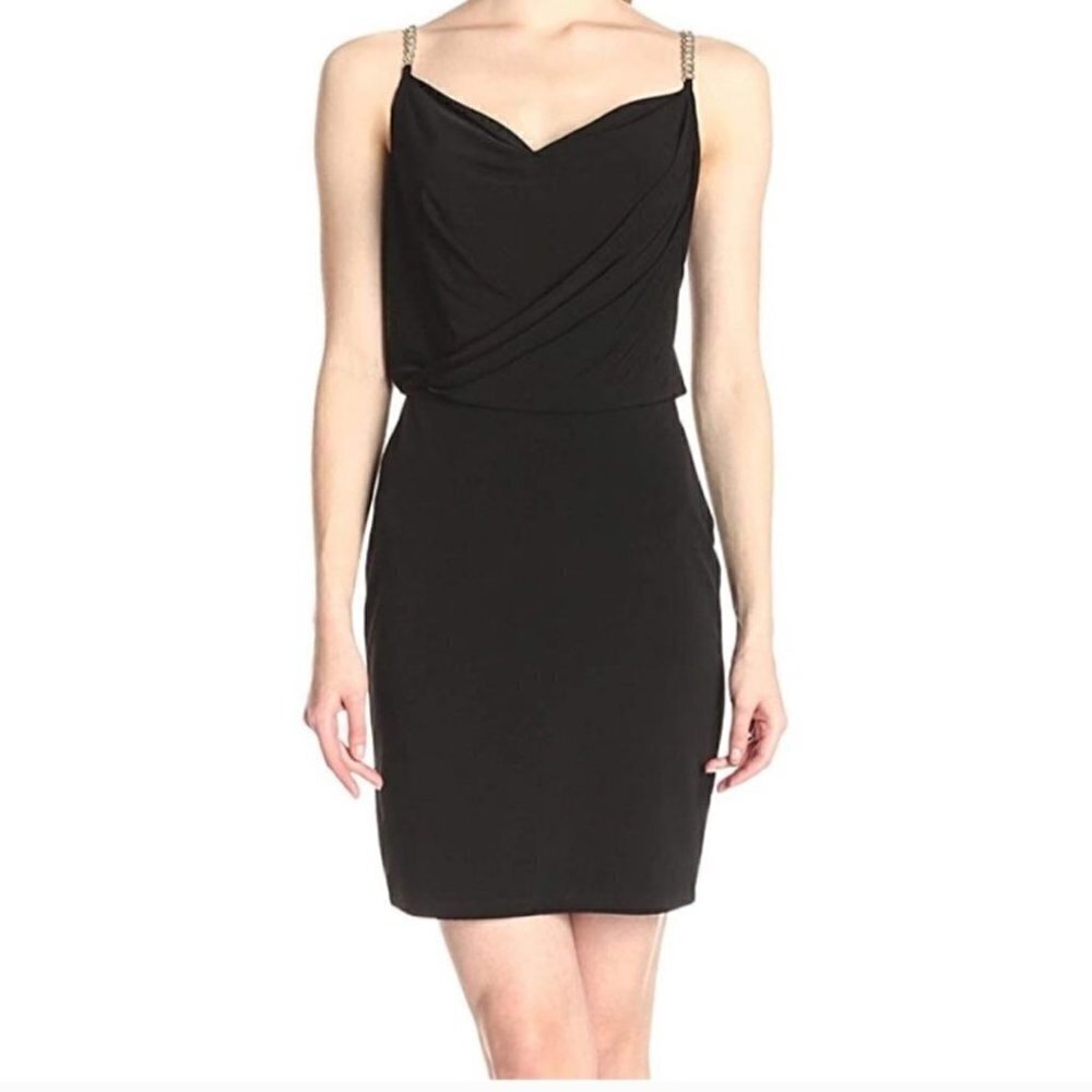 Calvin Klein Black Draped Front Thick Gold Chain Straps Dress Size 14